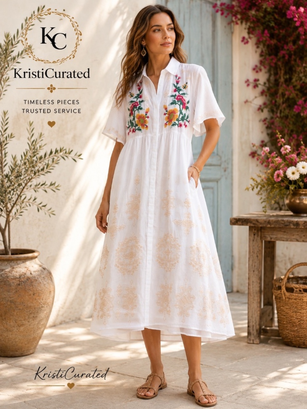 Johnny Was Sunnie Embroidered Flutter Sleeve Shirt Dress M NWT $298